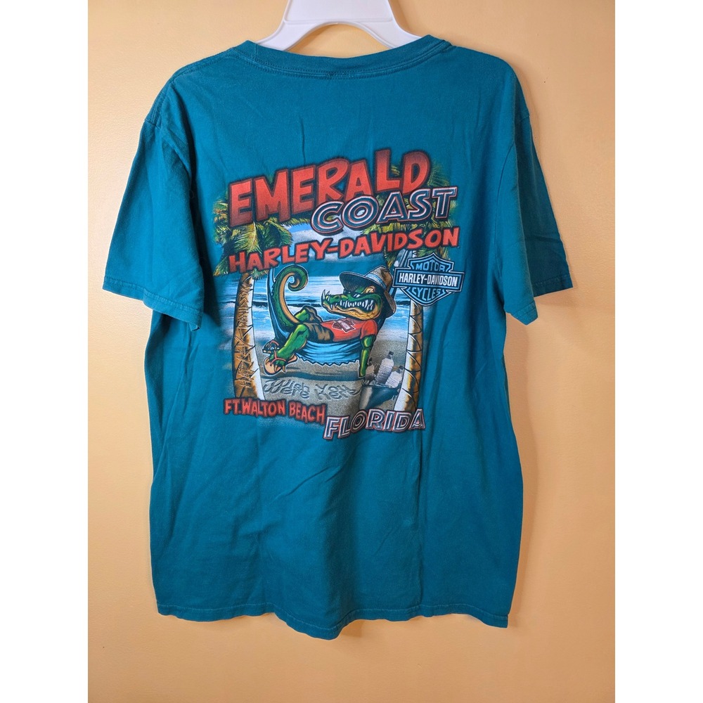 Harley-Davidson Emerald Coast Florida Alligator Graphic T-Shirt Mens Medium Teal